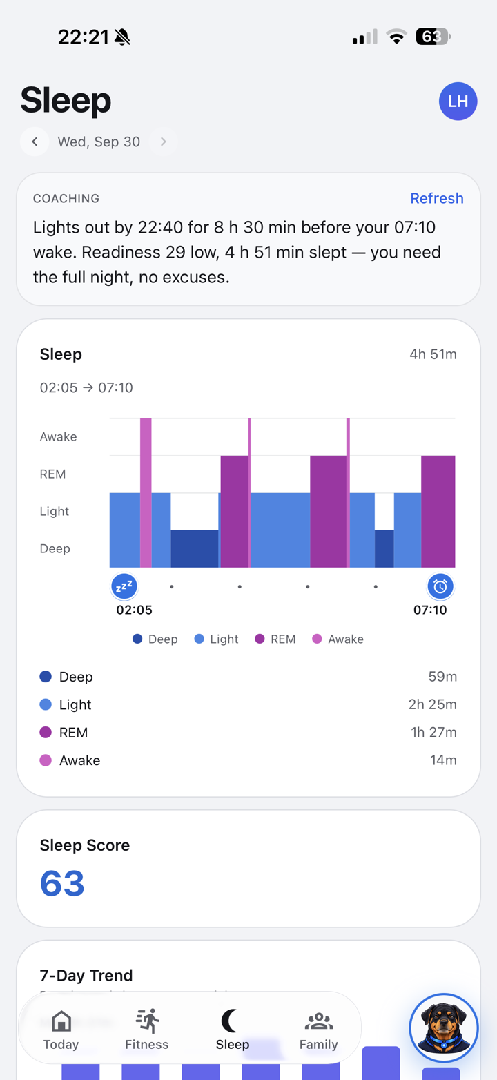 The Sleep page with sleep stages and the coach's advice for tonight